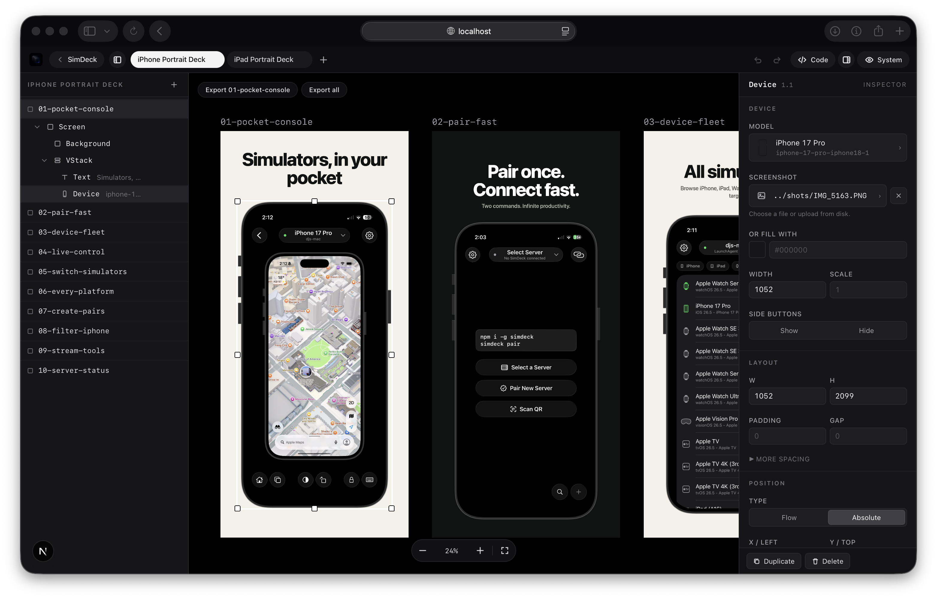 FrameDeck editor showing a screenshot deck with sidebars, canvas, and inspector